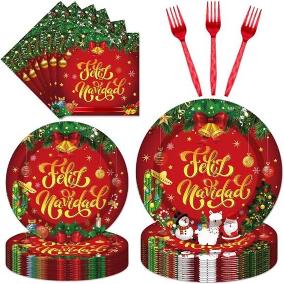 96PCS Feliz Navidad Christmas Tableware Set Disposable Plates, Cups & Napkins - Picture 1 of 8